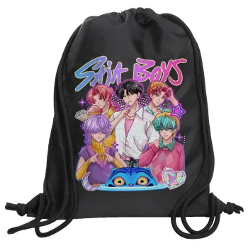 Huntrix Saja Boys, Τσάντα πλάτης πουγκί GYMBAG Μαύρη, με τσέπη (40x48cm) & χονδρά κορδόνια