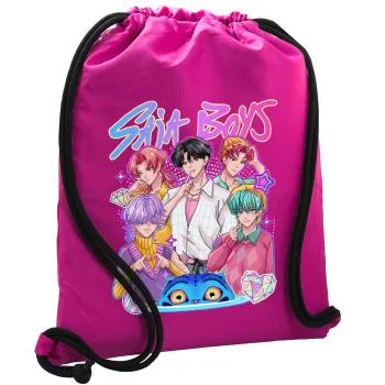 Huntrix Saja Boys, Τσάντα πλάτης πουγκί GYMBAG Φούξια, με τσέπη (40x48cm) & χονδρά κορδόνια