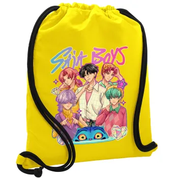 Huntrix Saja Boys, Τσάντα πλάτης πουγκί GYMBAG Κίτρινη, με τσέπη (40x48cm) & χονδρά κορδόνια