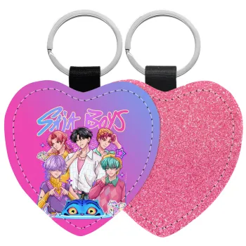 Huntrix Saja Boys, Μπρελόκ PU δερμάτινο glitter καρδιά ΡΟΖ