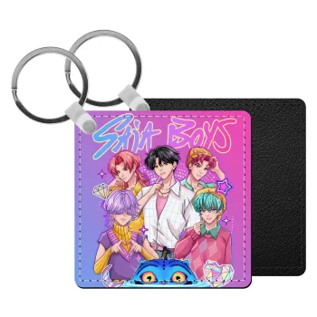 Huntrix Saja Boys, Μπρελόκ Δερματίνη, τετράγωνο ΜΑΥΡΟ (5x5cm)