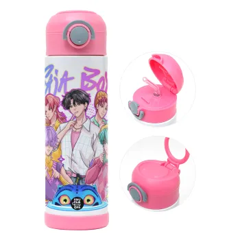 Huntrix Saja Boys, Παιδικό παγούρι θερμό, ανοξείδωτο, με καλαμάκι ασφαλείας, ΡΟΖ (500ml)