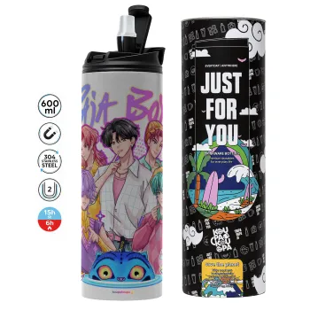 Huntrix Saja Boys, Tumbler ποτήρι θερμό ΓΚΡΙ από ανοξείδωτο ατσάλι 600ml