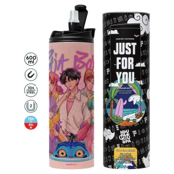 Huntrix Saja Boys, Tumbler ποτήρι θερμό ΡΟΖ από ανοξείδωτο ατσάλι 600ml