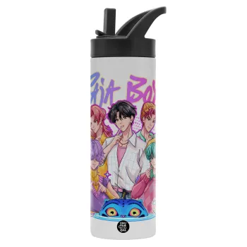 Huntrix Saja Boys, Μεταλλικό παγούρι θερμός με καλαμάκι & χειρολαβή, ανοξείδωτο ατσάλι (Stainless steel 304), διπλού τοιχώματος, 600ml