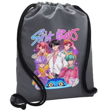 Huntrix Saja Boys, Τσάντα πλάτης πουγκί GYMBAG ΓΚΡΙ, με τσέπη (40x48cm) & χονδρά κορδόνια