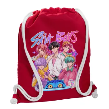 Huntrix Saja Boys, Backpack pouch GYMBAG Red, with pocket (40x48cm) & thick cords