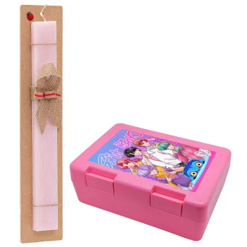 Huntrix Saja Boys, Πασχαλινή Λαμπάδα με παιδικό δοχείο κολατσιού ΡΟΖ & κερί αρωματικό πλακέ (30cm) (ΡΟΖ)