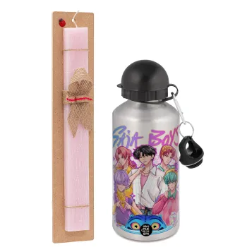 Huntrix Saja Boys, Easter Set, metallic Silver aluminum water bottle (500ml) & scented flat Easter candle (30cm) (PINK)