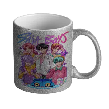 Huntrix Saja Boys, Κούπα Ασημένια Glitter που γυαλίζει, κεραμική, 330ml