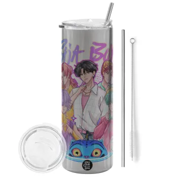 Huntrix Saja Boys, Tumbler ποτήρι θερμό Ασημένιο από ανοξείδωτο ατσάλι 600ml, με μεταλλικό καλαμάκι & βούρτσα καθαρισμού