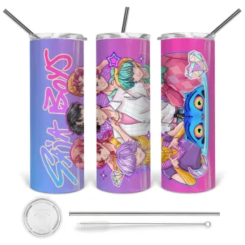 Huntrix Saja Boys, Tumbler ποτήρι θερμό από ανοξείδωτο ατσάλι 600ml, με μεταλλικό καλαμάκι & βούρτσα καθαρισμού