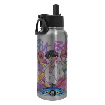 Huntrix Saja Boys, Μεταλλικό παγούρι θερμός Silver με καλαμάκι και χερούλι (Stainless steel), διπλού τοιχώματος, 950ml