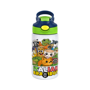 Italian Brainrot friends, Children's hot water bottle, stainless steel, with safety straw, green, blue (350ml)