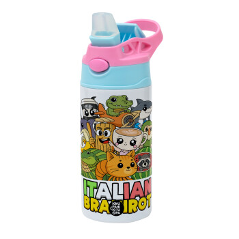 Italian Brainrot friends, Παιδικό παγούρι θερμό, ανοξείδωτο, με καλαμάκι ασφαλείας, Ροζ/Σιελ (360ml) BPA FREE