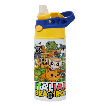 Italian Brainrot friends, Children's hot water bottle, stainless steel, with safety straw, green, blue (360ml) BPA FREE