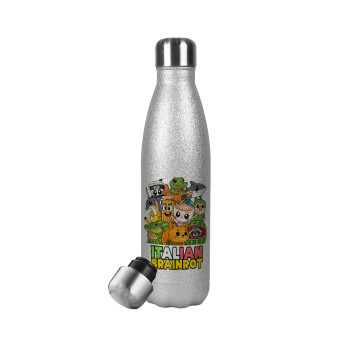 Italian Brainrot friends, Metallic Glitter Silver Thermos Flask (Stainless steel), double-walled, 500ml