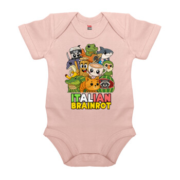 Italian Brainrot friends, Βρεφικό φορμάκι μωρού, 0-18 μηνών, ΡΟΖ POWDER, 100% Organic Cotton, κοντομάνικο