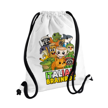 Italian Brainrot friends, Backpack pouch GYMBAG white, with pocket (40x48cm) & thick cords