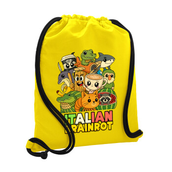 Italian Brainrot friends, Backpack pouch GYMBAG Yellow, with pocket (40x48cm) & thick cords