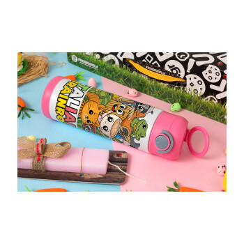 Italian Brainrot friends, Πασχαλινή Λαμπάδα με Παιδικό παγούρι θερμό, ανοξείδωτο, με καλαμάκι ασφαλείας, ΡΟΖ (500ml)