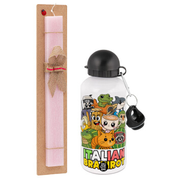 Italian Brainrot friends, Πασχαλινή Λαμπάδα με παγούρι μεταλλικό αλουμινίου (500ml) & κερί αρωματικό πλακέ (30cm) (ΡΟΖ)