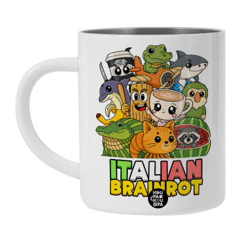Italian Brainrot friends, Λευκή Ανοξείδωτη Μεταλλική Κούπα 450ml - Διπλού Τοιχώματος 