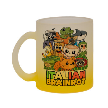 Italian Brainrot friends, Κούπα γυάλινη δίχρωμη με βάση το κίτρινο ματ, 330ml
