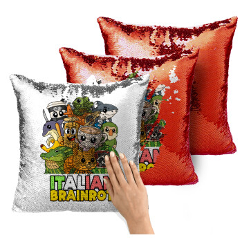 Italian Brainrot friends, Μαξιλάρι καναπέ Μαγικό Κόκκινο με πούλιες 40x40cm περιέχεται το γέμισμα