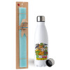 Easter Set, metallic stainless steel water bottle (750ml) & aromatic flat Easter candle (30cm) (TURQUOISE)