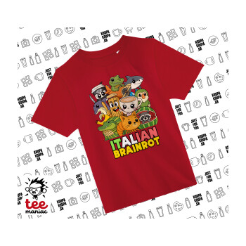 Italian Brainrot friends, Άνετο παιδικό T-Shirt ΚΟΚΚΙΝΟ από 100% βαμβάκι, για κάθε μέρα. Vegan & OEKO-TEX πιστοποιημένο.