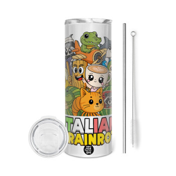 Italian Brainrot friends, Tumbler ποτήρι θερμό από ανοξείδωτο ατσάλι 600ml, με μεταλλικό καλαμάκι & βούρτσα καθαρισμού