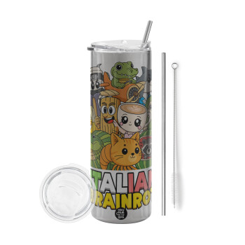 Italian Brainrot friends, Tumbler ποτήρι θερμό Ασημένιο από ανοξείδωτο ατσάλι 600ml, με μεταλλικό καλαμάκι & βούρτσα καθαρισμού