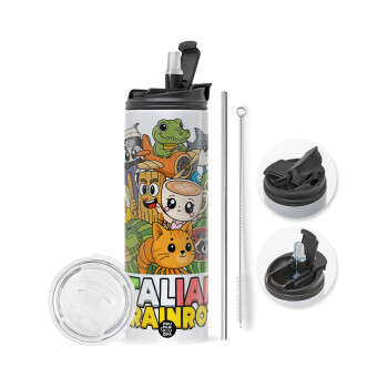 Italian Brainrot friends, Travel Tumbler 2 Lids, with metal straw & cleaning brush (Stainless steel 304 Food grade, BPA free, 600ml)