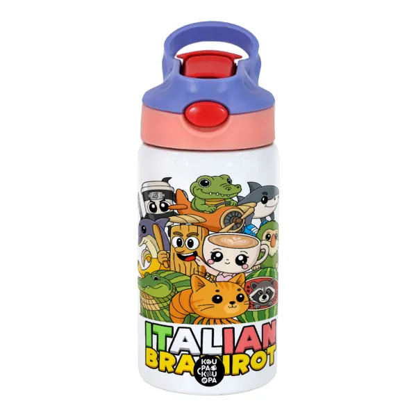 Italian Brainrot friends — Children's hot water bottle, stainless steel, with safety straw, pink/purple (350ml)
