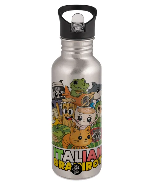 Italian Brainrot friends — Water bottle Silver with straw, stainless steel 600ml