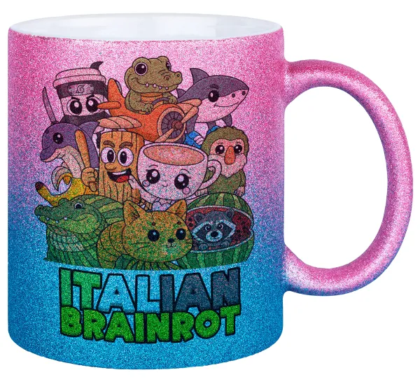 Italian Brainrot friends — Κούπα Χρυσή/Μπλε Glitter, κεραμική, 330ml