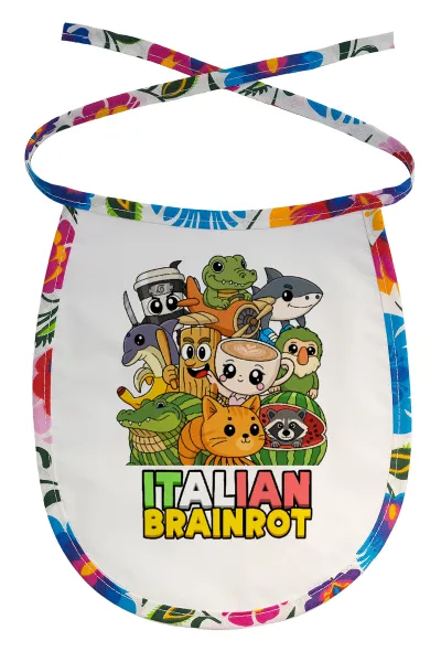 Italian Brainrot friends — Stain-resistant baby bib with tie, multicoloured