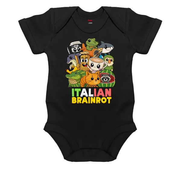 Italian Brainrot friends — Βρεφικό φορμάκι μωρού, 0-18 μηνών, ΜΑΥΡΟ, 100% Organic Cotton, κοντομάνικο