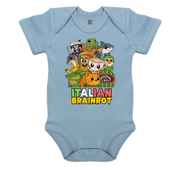 Italian Brainrot friends — Short-sleeve baby bodysuit, 0-18 months, blue, 100% organic cotton