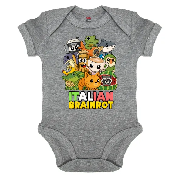 Italian Brainrot friends — Βρεφικό φορμάκι μωρού, 0-18 μηνών, ΓΚΡΙ ΜΕΛΑΝΖΕ, 100% Organic Cotton, κοντομάνικο