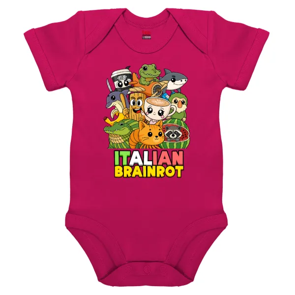 Italian Brainrot friends — Short-sleeve baby bodysuit, 0-18 months, PINK, 100% organic cotton