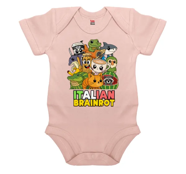 Italian Brainrot friends — Short-sleeve baby bodysuit, 0-18 months, POWDER PINK, 100% organic cotton