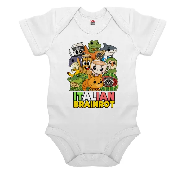Italian Brainrot friends — Short-sleeve baby bodysuit, 0-24 months, WHITE, 100% organic cotton