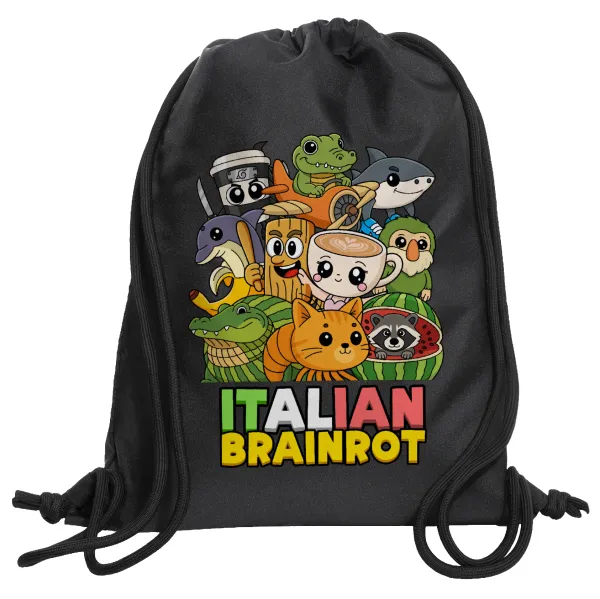 Italian Brainrot friends — Τσάντα πλάτης πουγκί GYMBAG Μαύρη, με τσέπη (40x48cm) & χονδρά κορδόνια