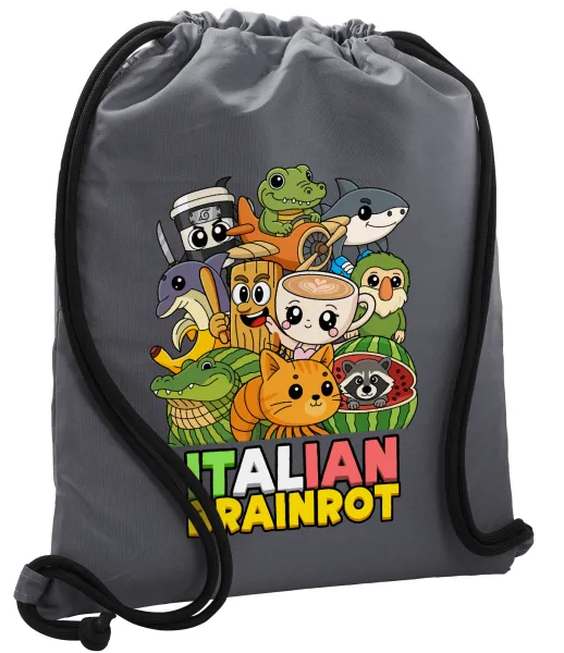Italian Brainrot friends — Backpack pouch GYMBAG GREY, with pocket (40x48cm) & thick cords