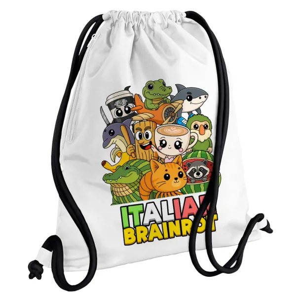 Italian Brainrot friends — Backpack pouch GYMBAG white, with pocket (40x48cm) & thick cords