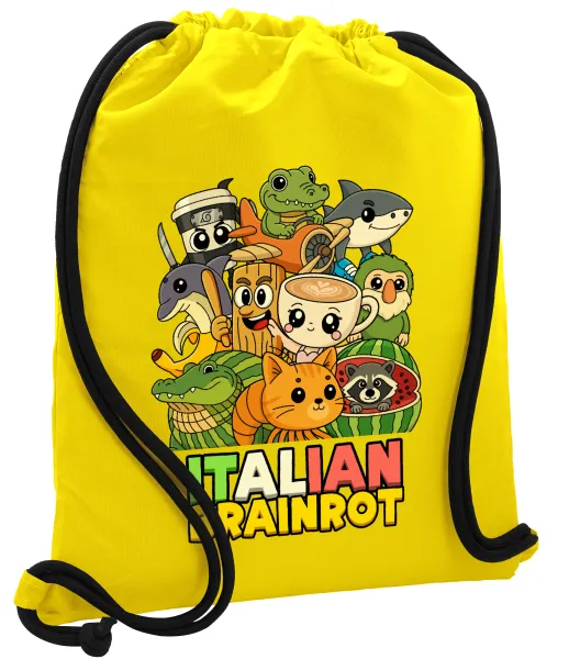 Italian Brainrot friends — Backpack pouch GYMBAG Yellow, with pocket (40x48cm) & thick cords