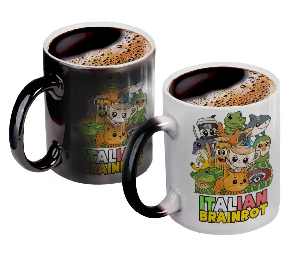 Italian Brainrot friends — Color changing magic Mug, ceramic, 330ml when adding hot liquid inside, the black colour desappears (1 pcs)