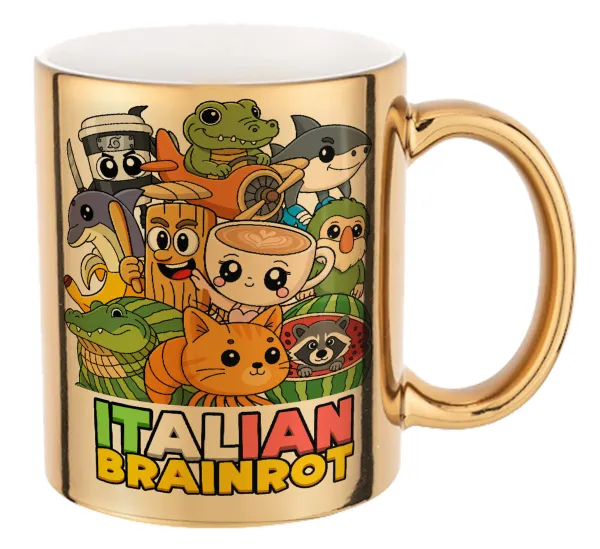 Italian Brainrot friends — Mug ceramic, gold mirror, 330ml